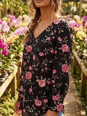 Dynamite Black Long-Sleeve V-Neck Dress with Pink Rose Print